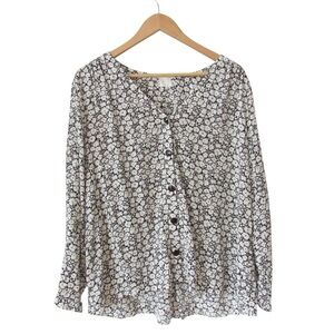 Des Petits Hauts Tosalia Blouse XL Black White Floral Button Front Long Sleeves